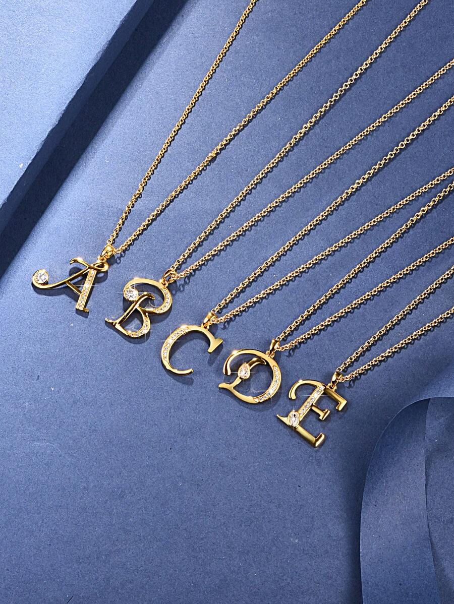 1入組時尚銅水鑽裝飾字母吊墜項鍊適合女士適用於日常生活銅首飾類 - 金黃色 - 查看 1