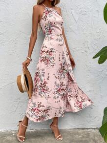 SHEIN VCAY 印花高衩掛脖洋裝 - 淺粉色 - 查看 6