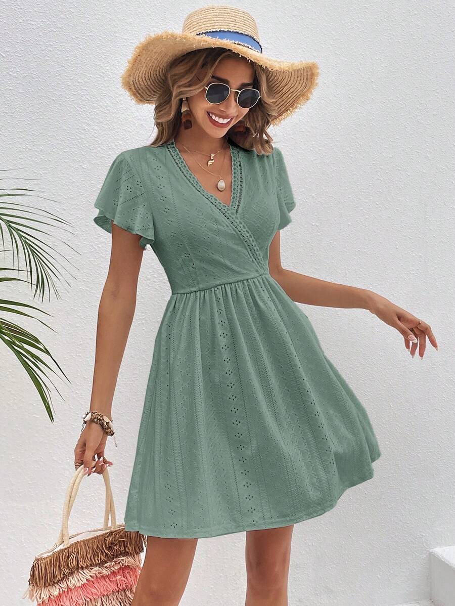 SHEIN Frenchy Solid Surplice Neck Butterfly Sleeve Dress Summer Green - Mint Green - View 1
