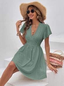SHEIN Frenchy Solid Surplice Neck Butterfly Sleeve Dress Summer Green - Mint Green - View 4