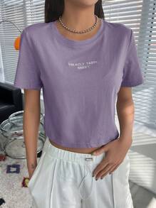 DAZY Thêu Chữ Áo phông Crop - Màu tím - Xem 2