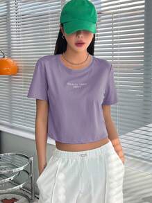 DAZY Thêu Chữ Áo phông Crop - Màu tím - Xem 3