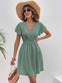 SHEIN Frenchy Solid Surplice Neck Butterfly Sleeve Dress Summer Green - Mint Green - View 6