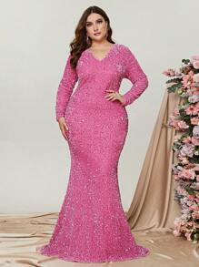 Plus Sequin Mermaid Hem Formal Dress - Pink - View 1