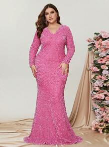 Plus Sequin Mermaid Hem Formal Dress - Pink - View 3