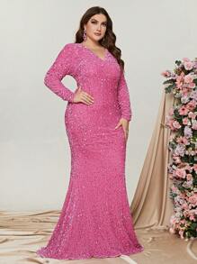 Plus Sequin Mermaid Hem Formal Dress - Pink - View 5