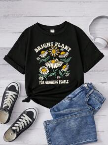 SHEIN Tops con gái Hoa Slogan Giải trí - màu đen - Xem 1