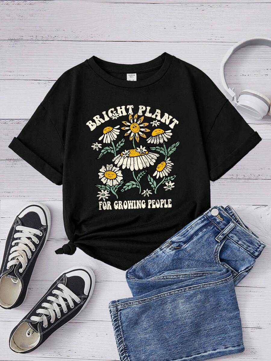 SHEIN Tops con gái Hoa Slogan Giải trí - màu đen - Xem 1