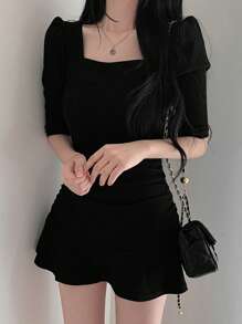 Vestido unicolor de cuello cuadrado de manga farol bajo con fruncido - Negro - Ver 1