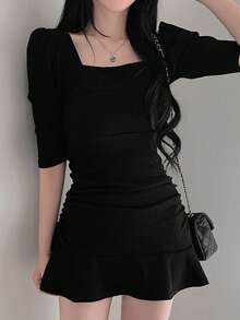 Vestido unicolor de cuello cuadrado de manga farol bajo con fruncido - Negro - Ver 4