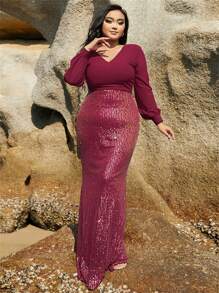 seomiscky Đầm Plus Size ghép mộng kim sa Dây kéo màu trơn Buổi tiệc - Đỏ - Xem 1