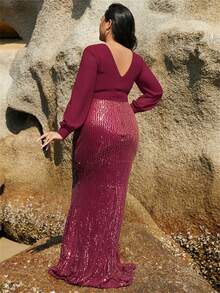 seomiscky Đầm Plus Size ghép mộng kim sa Dây kéo màu trơn Buổi tiệc - Đỏ - Xem 2