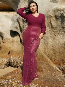 seomiscky Đầm Plus Size ghép mộng kim sa Dây kéo màu trơn Buổi tiệc - Đỏ - Xem 4