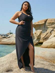 seomiscky Đầm Plus Size Xù Cao thấp Trọn gói màu trơn Thanh lịch - màu đen - Xem 4