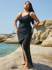 seomiscky Đầm Plus Size Xù Cao thấp Trọn gói màu trơn Thanh lịch - màu đen - Xem 7