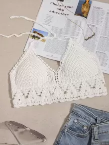 SHEIN Swim Top bikini halter de croché - Blanco - Ver 1