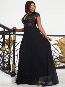 seomiscky Vestido de vestir con lentejuela en contraste largo - Negro - Ver 7