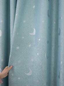 Star & Moon Pattern Single Panel Curtain, Minimalist Polyester Single Panel Blackout Curtain For Bedroom And Living Room - Mint Blue - View 2