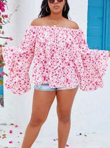 SHEIN Holidaya 大碼碎花一字肩荷葉袖襯衫 - 彩色 - 查看 5