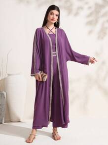 Mulvari 拼接邊開門襟外套和繞頸連體褲 - 紫色 - 查看 1