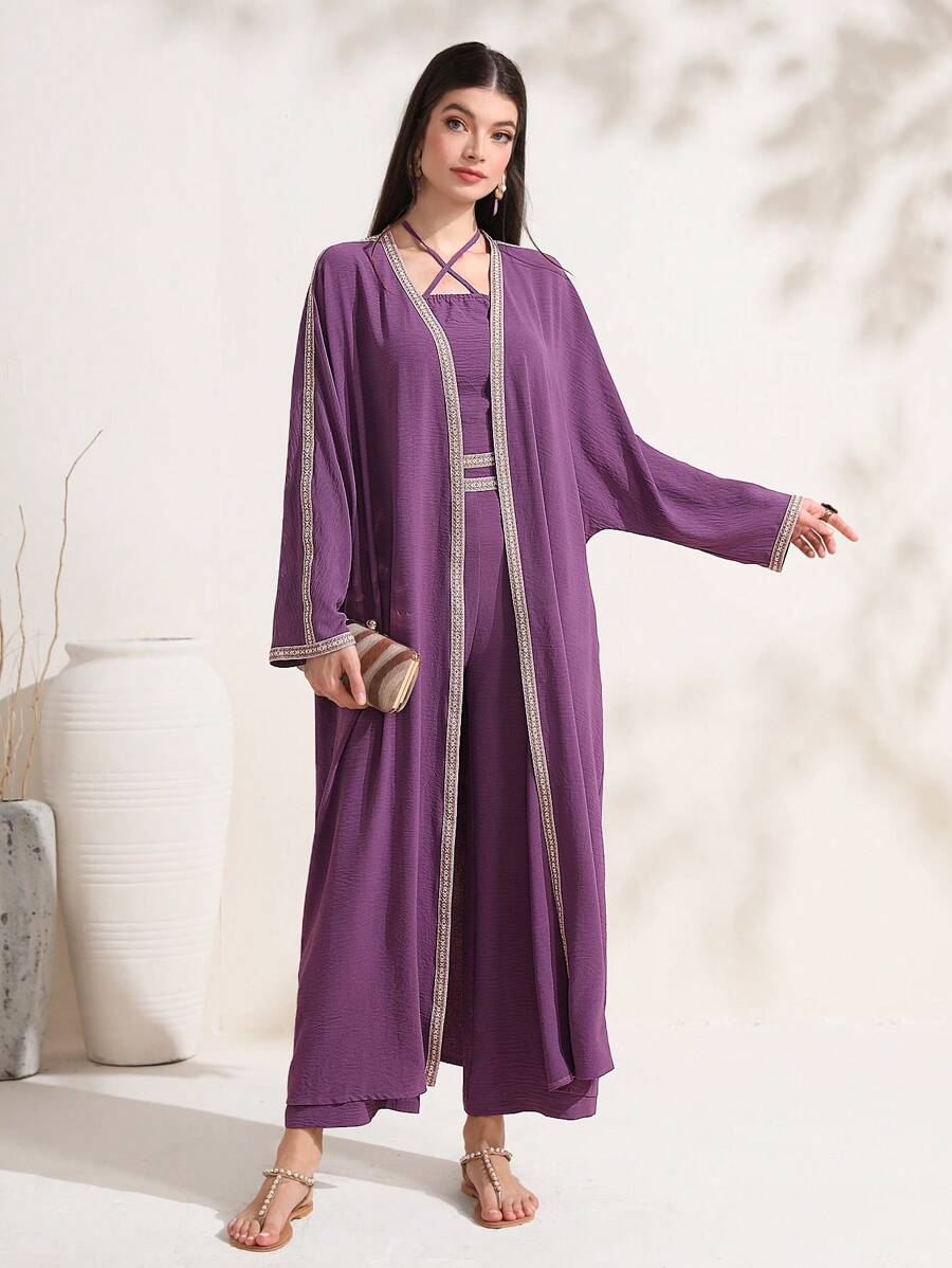 Mulvari 拼接邊開門襟外套和繞頸連體褲 - 紫色 - 查看 1