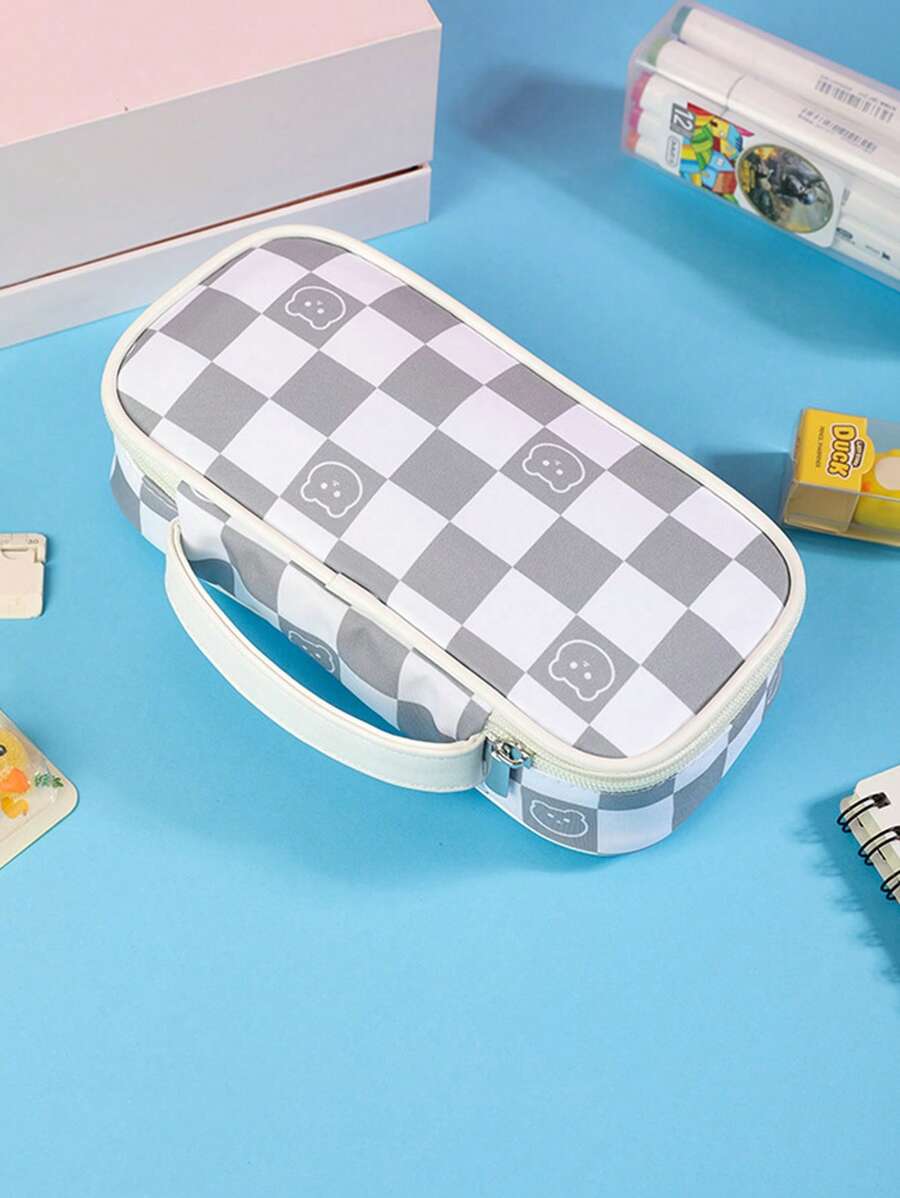 1 Họa Tiết Bàn Cờ Lớn Hộp Đựng, Polyester Di Động Đa Năng Sinh Viên Đựng - Màu Xám nhạt - Xem 1