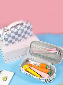 1 Họa Tiết Bàn Cờ Lớn Hộp Đựng, Polyester Di Động Đa Năng Sinh Viên Đựng - Màu Xám nhạt - Xem 8