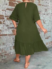 SHEIN LUNE Plus Flounce Sleeve Ruffle Hem Smock Dress - Army Green - View 2