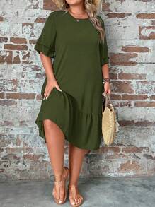 SHEIN LUNE Plus Flounce Sleeve Ruffle Hem Smock Dress - Army Green - View 5