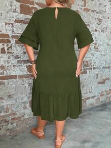 SHEIN LUNE Plus Flounce Sleeve Ruffle Hem Smock Dress - Army Green - View 6