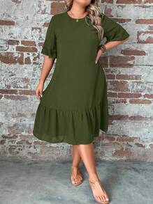 SHEIN LUNE Plus Flounce Sleeve Ruffle Hem Smock Dress - Army Green - View 7