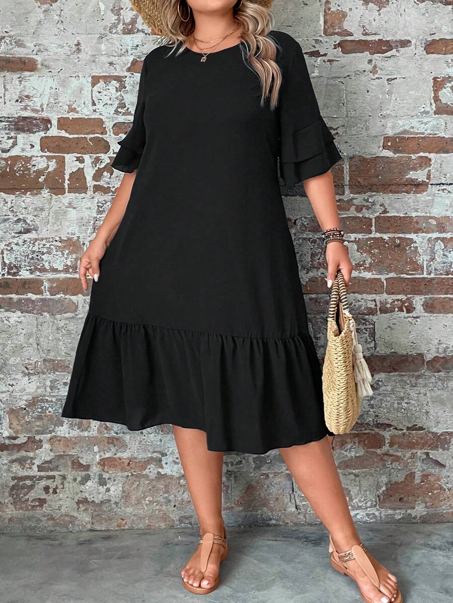 SHEIN LUNE Plus Flounce Sleeve Ruffle Hem Smock Dress - Black - View 1