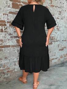 SHEIN LUNE Plus Flounce Sleeve Ruffle Hem Smock Dress - Black - View 5