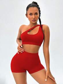 Core Rhythm One Shoulder Cut Out Sports Set For Chinese New Year Workout Women Setwomen Workout Set - Red - View 1