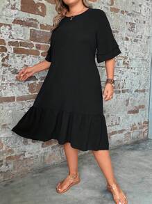 SHEIN LUNE Plus Flounce Sleeve Ruffle Hem Smock Dress - Black - View 6