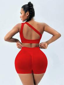 Core Rhythm One Shoulder Cut Out Sports Set For Chinese New Year Workout Women Setwomen Workout Set - Red - View 2