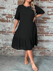 SHEIN LUNE Plus Flounce Sleeve Ruffle Hem Smock Dress - Black - View 7