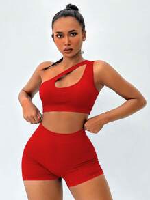 Core Rhythm One Shoulder Cut Out Sports Set For Chinese New Year Workout Women Setwomen Workout Set - Red - View 4