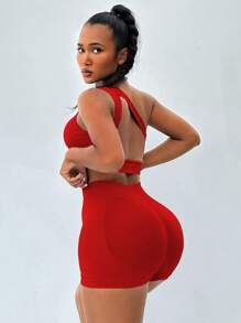 Core Rhythm One Shoulder Cut Out Sports Set For Chinese New Year Workout Women Setwomen Workout Set - Red - View 5