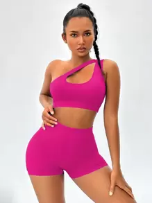 Easithlete One Shoulder Cut Out Sports Set Workout Women Sets - Hot Pink - View 1