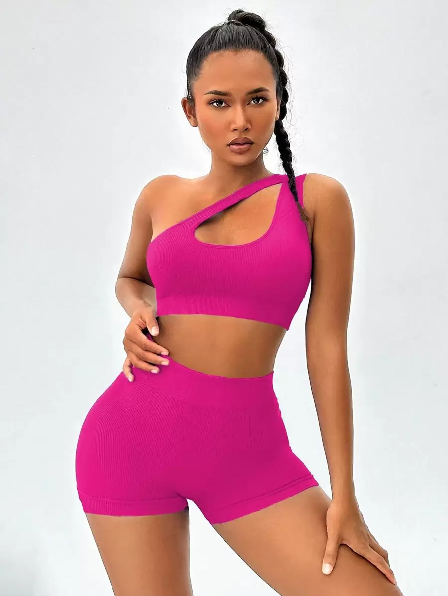 Easithlete One Shoulder Cut Out Sports Set Workout Women Sets - Hot Pink - View 1
