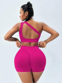 Easithlete One Shoulder Cut Out Sports Set Workout Women Sets - Hot Pink - View 2