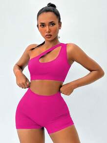 Easithlete One Shoulder Cut Out Sports Set Workout Women Sets - Hot Pink - View 4