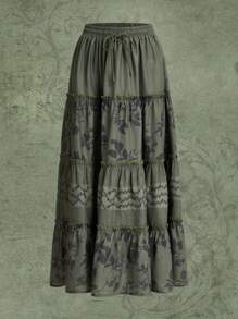 ROMWE Hippie In hoa Eo dây rút Xù Hoa Sen Váy - xanh quân đội - Xem 2