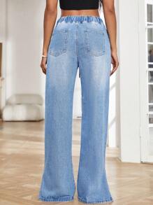 SHEIN Essnce Quần jean nữ Dây kéo Túi Chia màu trơn - Rửa nhẹ - Xem 2