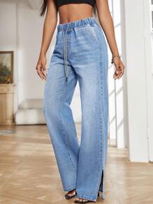 SHEIN Essnce Quần jean nữ Dây kéo Túi Chia màu trơn - Rửa nhẹ - Xem 6