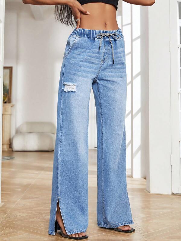SHEIN Essnce Drawstring Waist Split Hem Wide Leg Jeans SHEIN USA