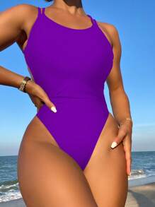 SHEIN Swim SXY 交叉露背高衩連體泳衣 - 紫羅蘭色 - 查看 2