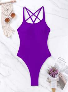SHEIN Swim SXY 交叉露背高衩連體泳衣 - 紫羅蘭色 - 查看 3
