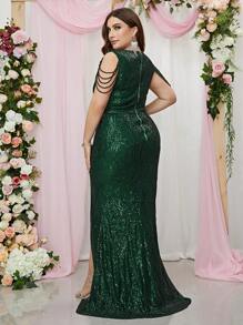 Vestido formal con abertura lateral con lentejuelas y diseño extra, elegante vestido de noche para graduación, cena y boda - Verde - Ver 2